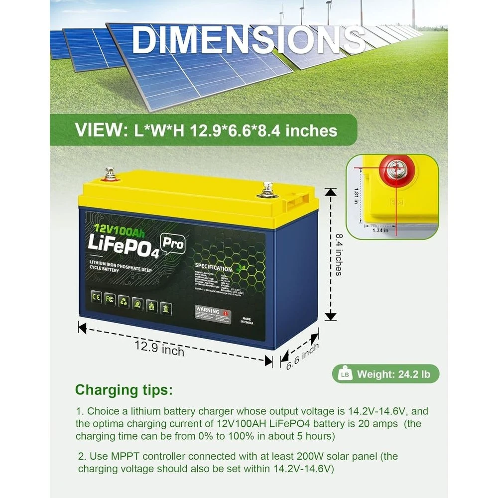 Batería de litio RV LiFePO4 de 12V y 100Ah con BMS incorporado para sistema solar Ciclo profundo marino 1280Wh 5000+ ciclos de carga 10 años