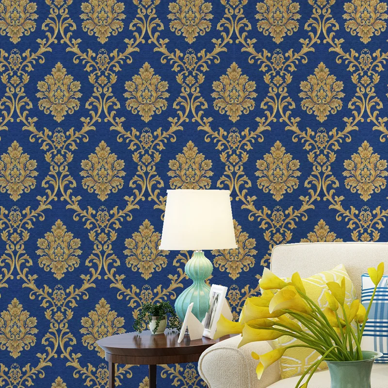 papel-de-parede-azul-profundo-damasco-para-fundo-de-tv-ao-lado-da-cama-salao-de-beleza-hotel-estilo-europeu-decoracao-de-casa