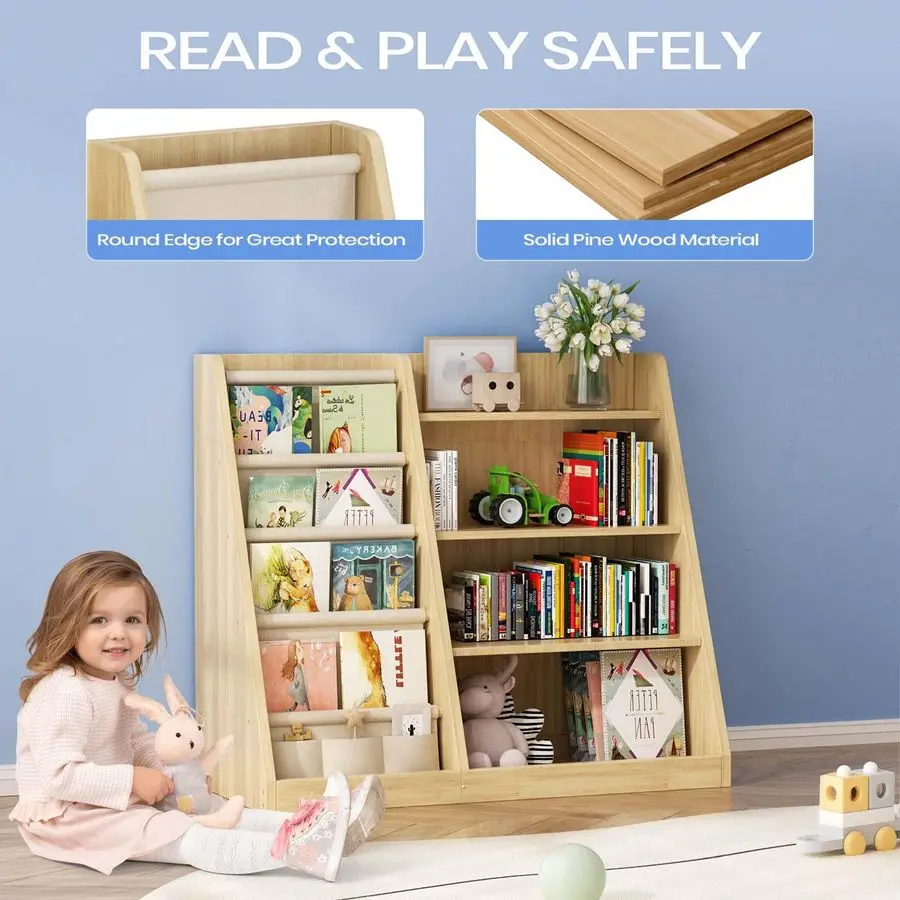 Bücherregal und Spielzeug-Aufbewahrungsorganisator, 4-stufiges Kinder-Bücherregal aus Holz mit Schlinge, Bücherregal im Kinderzimmer, Spielzimmer, Kinderzimmer,