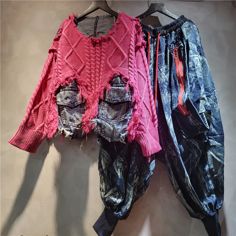 WTHT Trendy dames patchwork denim braamrand truien met lange mouwen elastische taille losse lantaarnbroek vrouwelijk 2025, herfst 1LS2565