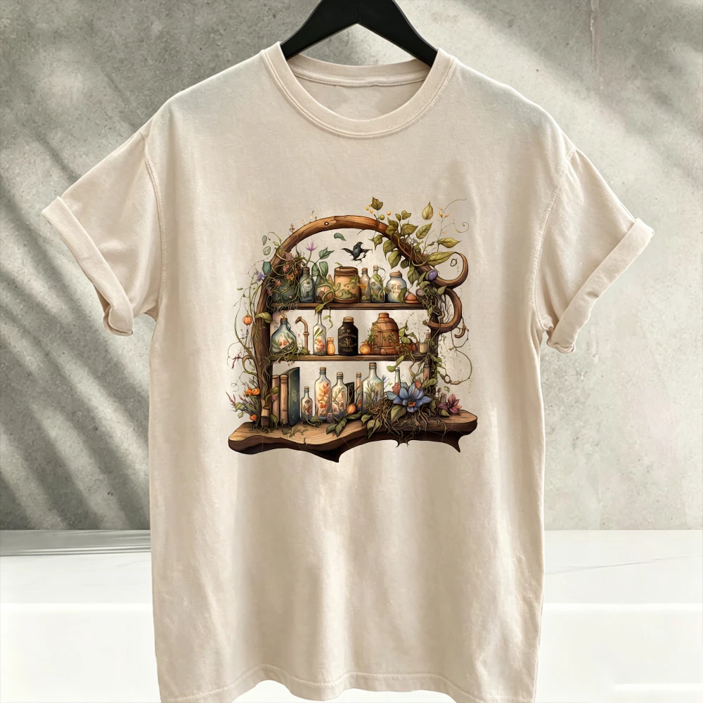 Vintage Witch Apothecary Shelf Potion Bottle Botanical Graphic T‑Shirt Men Cottagecore Herbal Magic Witchy Art Print Casual Tops