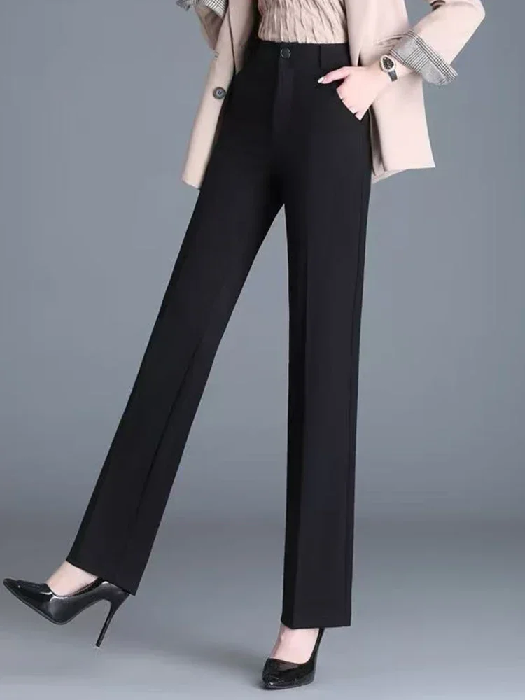 Womens High Waist Button Zipper Fly Side Pocket Straight Wide Leg Full Length Suit Pants