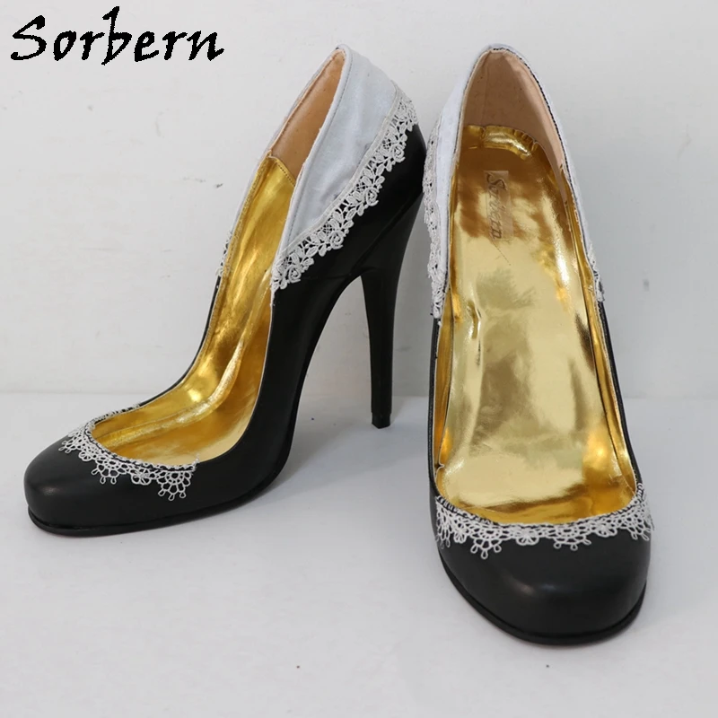 Sorber Vintage nero punta tonda donna décolleté pizzo raso Lolita tacchi alti 15Cm taglia Us12 tacchi a spillo Slip On scarpe Fetish Pump