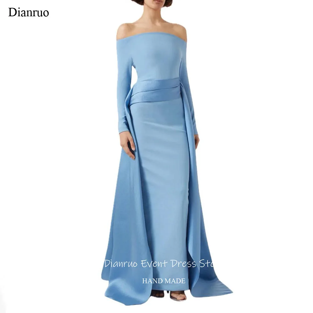 Dianruo Dubai Вечерние платья с рюшами Синий атлас فساتين سهرة Прямые платья для выпускного вечера с открытыми плечами в Аравии по индивидуальному заказу