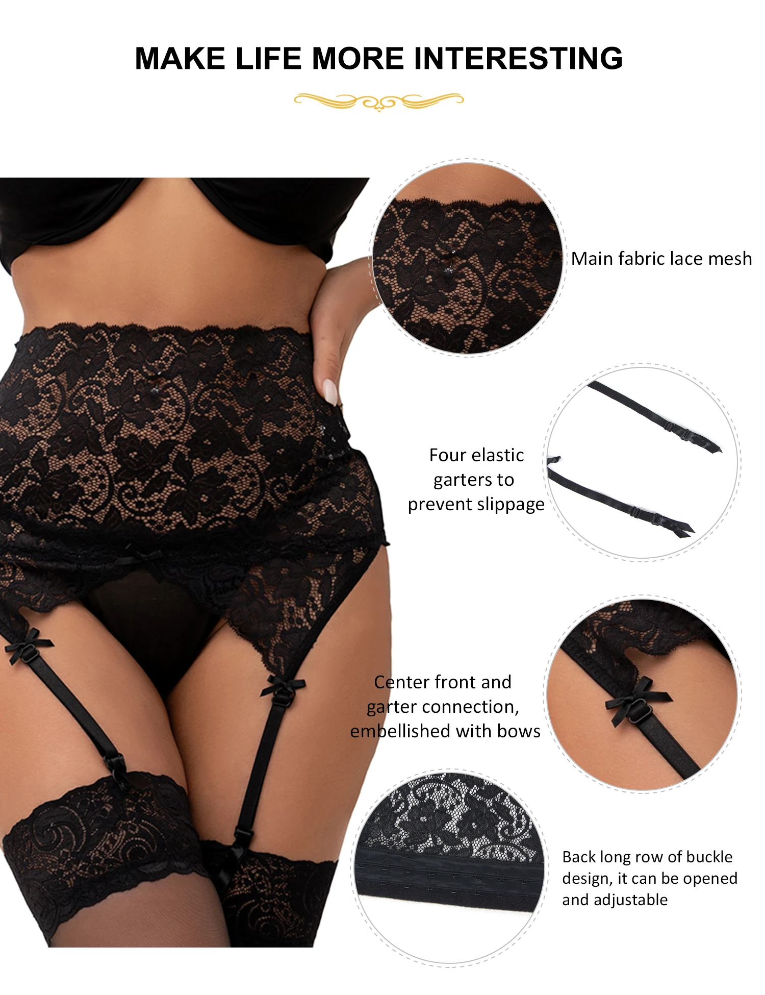 Meia de renda floral de cintura alta para mulheres, preto, vermelho, casamento, lingerie sexy, plus size, cinto de liga, suspensor, 4 correias