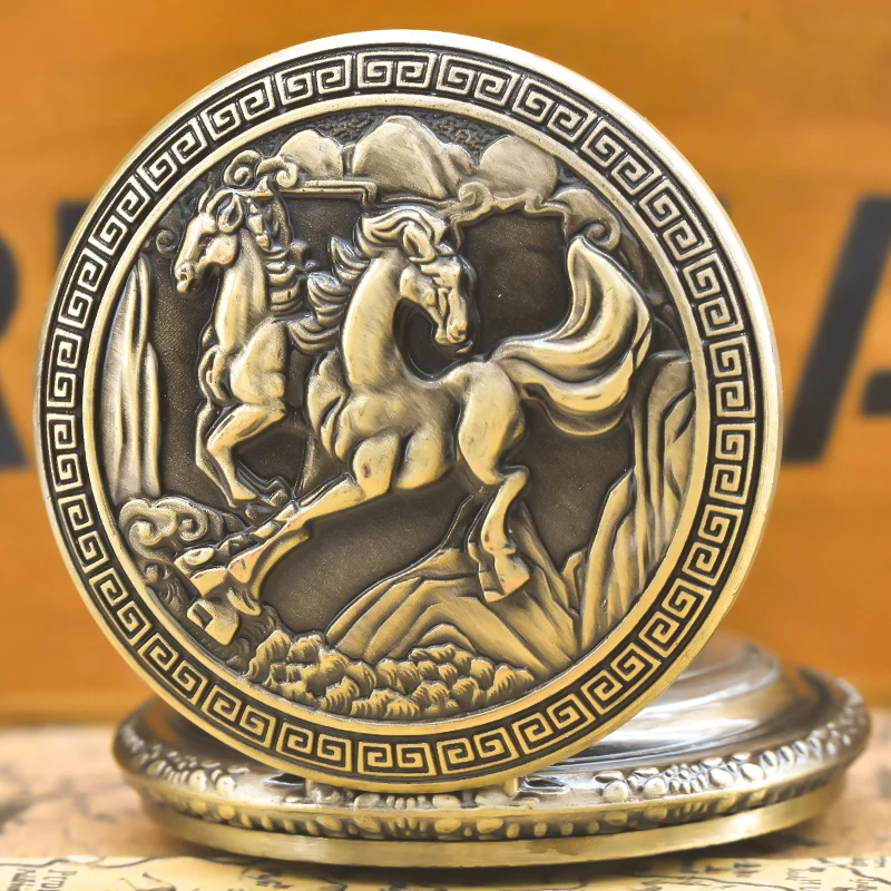 Steampunk Vintage Bronze Animal Horse Quartz Pocket Watch Necklace Pendant Clock Chain Men Women Chain Gift