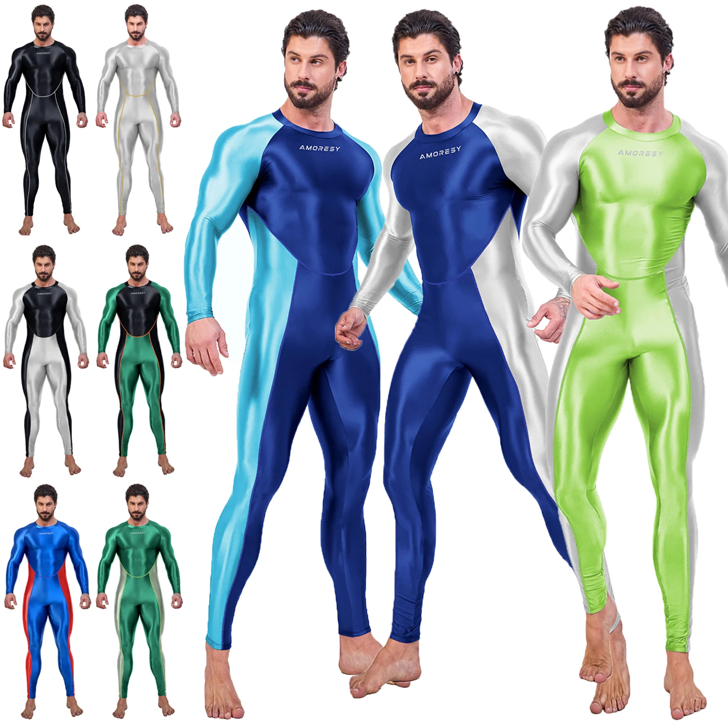 AMORESY Men Sexy Smooth One Piece Bodysuit Running Fitness Catsuit Stretch Cosplay Bodystocking Spandex Overall Zentai Jumpsuits