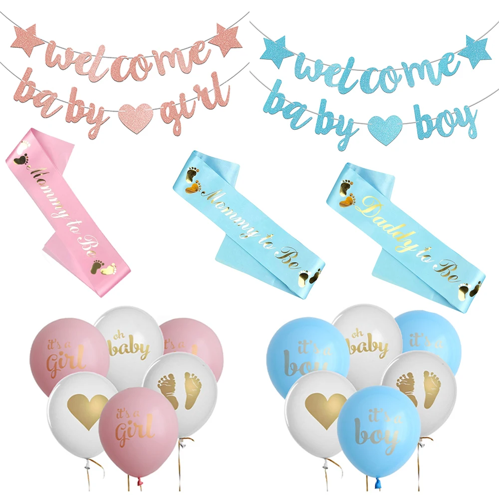 Baby Shower Decoration Mommy To Be & Dad To Be Pink /Blue Badge Shoulder Strap Sash Set Baby Gender Reveal DIY Party Supplies