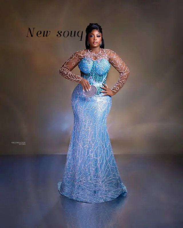 

Aso Ebi Sky Blue Mermaid Prom Dresses 2026 Plus Size Crystals Beaded Long Sleeves Evening Gowns for African Girls Customized