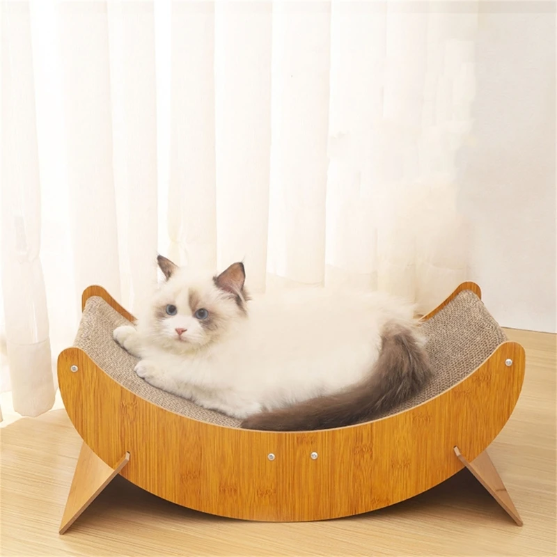 

Wooden Cat Scratcher Bed Moon Shape Cat Scratch Board Furniture Protector Climbing Claw Scraper Protect Carpets and Sofa