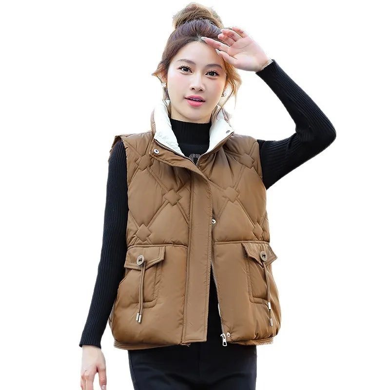 

Autumn Winter Women Down Vest Jacket New Women Sleeveless Waistcoat Short Jacket Stand Collar Cotton Vest Coat Top Chaleco Mujer