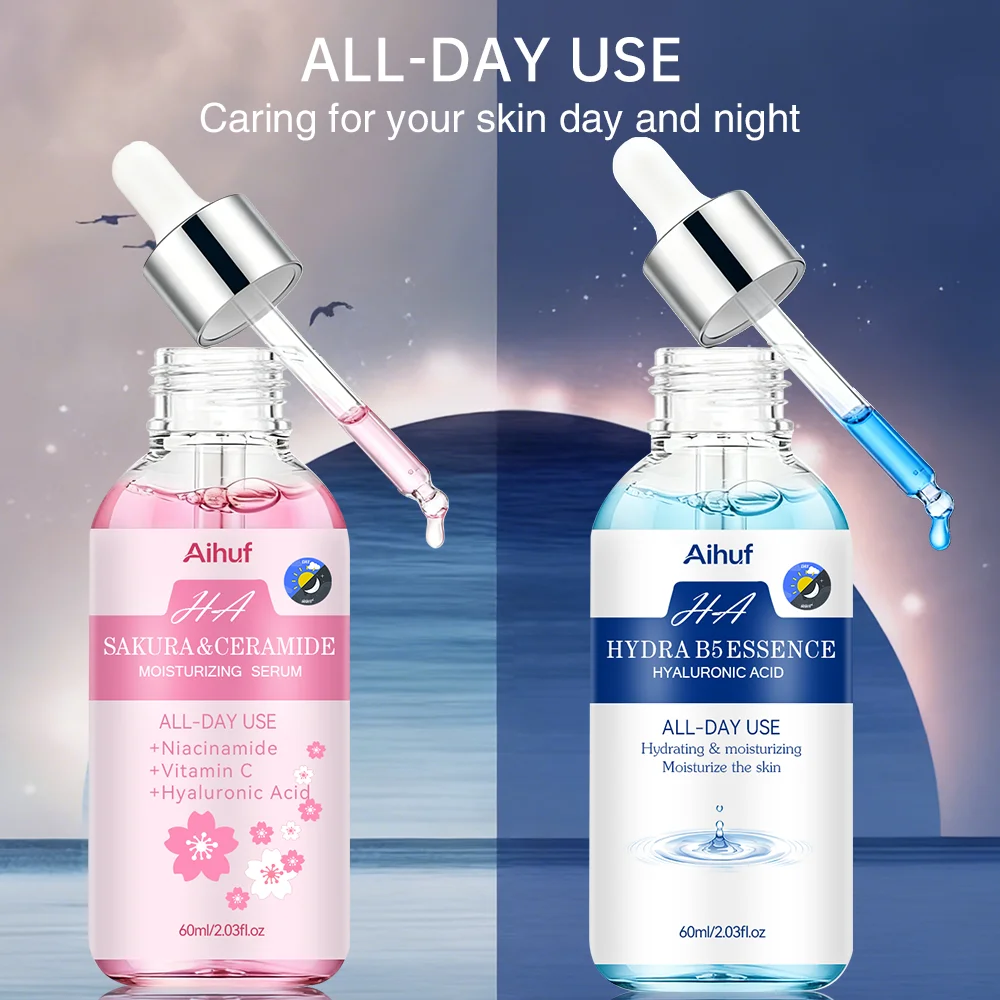 AIHUF Sakura Ceramide B5 Essence Set 2pcs Hydrating Tightening Skin Care Vitamin C Triple Hyaluronic Acid for Men Women Face Nec