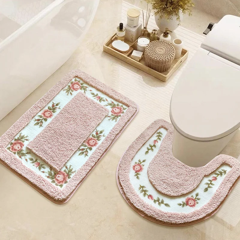 2-piece rose bathroom carpet set, rectangular floor mat at the door, toilet mat, anti-slip foot mat, bathroom door mat