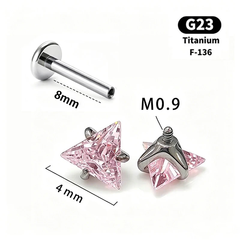 Triangle CZ Pink G23 Titanium Labret Studs, Cartilage Jewelry
