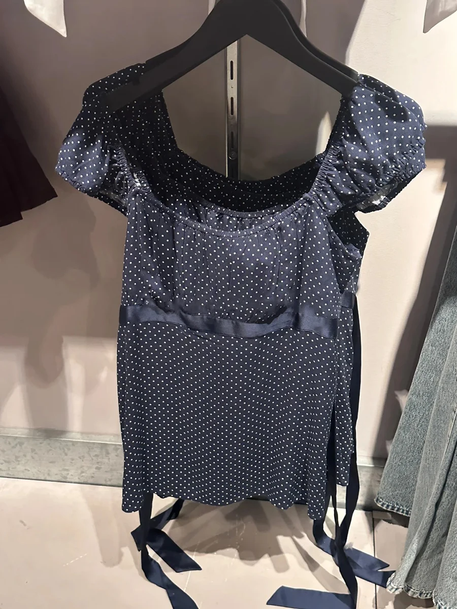 البولكا نقطة البحرية الدانتيل متابعة تي شيرت المرأة الصيف جديد عادية سليم ساحة طوق المحملة القمم أنثى خمر نمط Preppy شيك تي شيرت Y2K #4