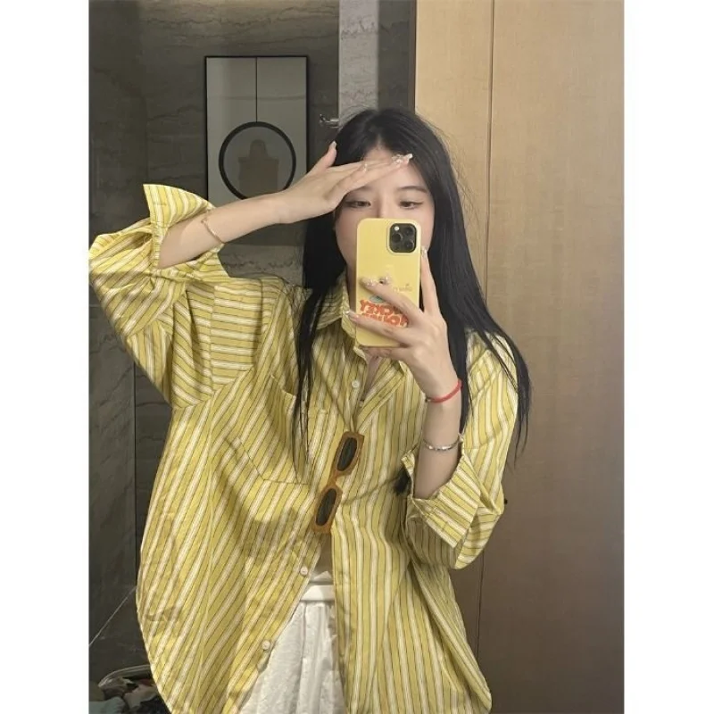 

Korean Style Clothes Ladies Thin Green Striped Shirts Women Trend Loose Versatile Long Sleeve Shirt Female Casual Blouses