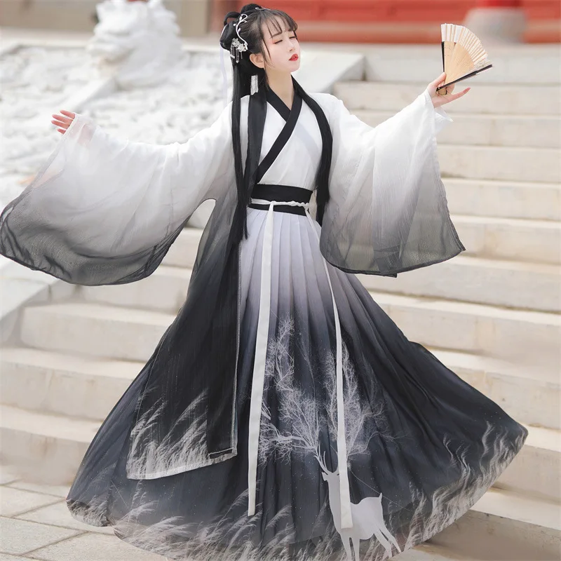 Traditional Hanfu Classical Black and White Gradient Folk Dance Costumes Retro Cross-Neck Waist-Length Dress Large Sleeve Shirt