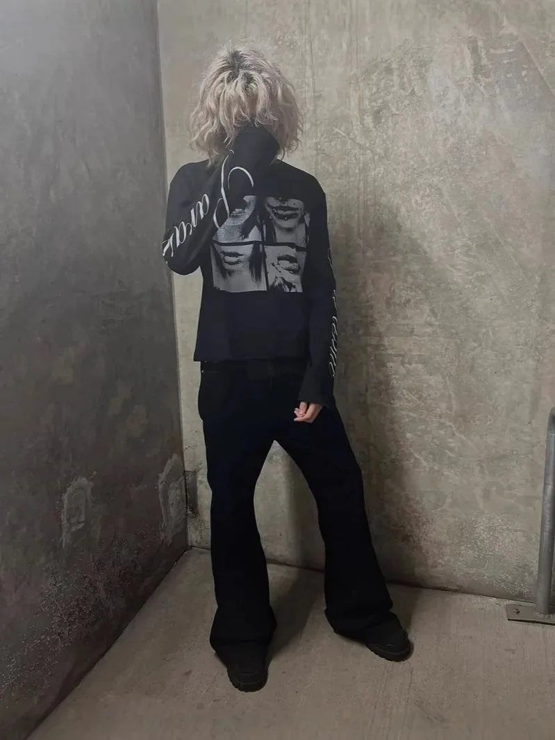 Y2K 2025 جديد الأمريكية الرجعية الألفية رسالة مطبوعة تي شيرت الظلام الشارع الشرير للجنسين كم طويل