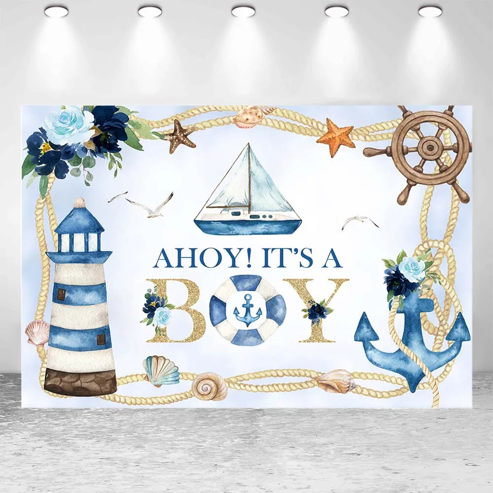 Mocsicka Ahoy It's a Boy Baby Shower Backdrop Sailor Navigation Rudder Photography Background Boys Welcome Party Decor Photocall