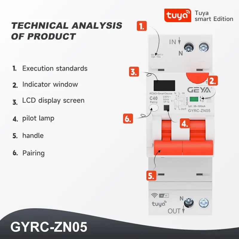 GEYA قطاع دارة ذكي التيار المتبقي WIFI TUYA RCBO LED قطاع دارة حماية التسرب مع حماية التيار الزائد
