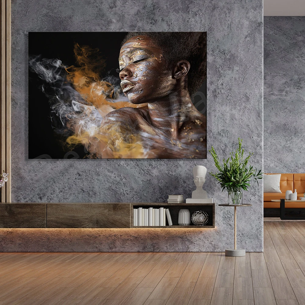 African woman with golden makeup, african woman canvas, gold lip wall art, woman wall art african woman poster, black woman,
