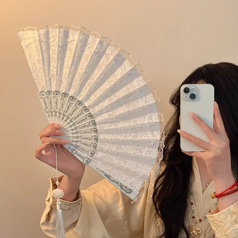 

New Chinese Sle Lace Fan Portable Summer Fan for Women Hanfu Tassel Fan Carry on Hand Fan Traditional Qipao Accory