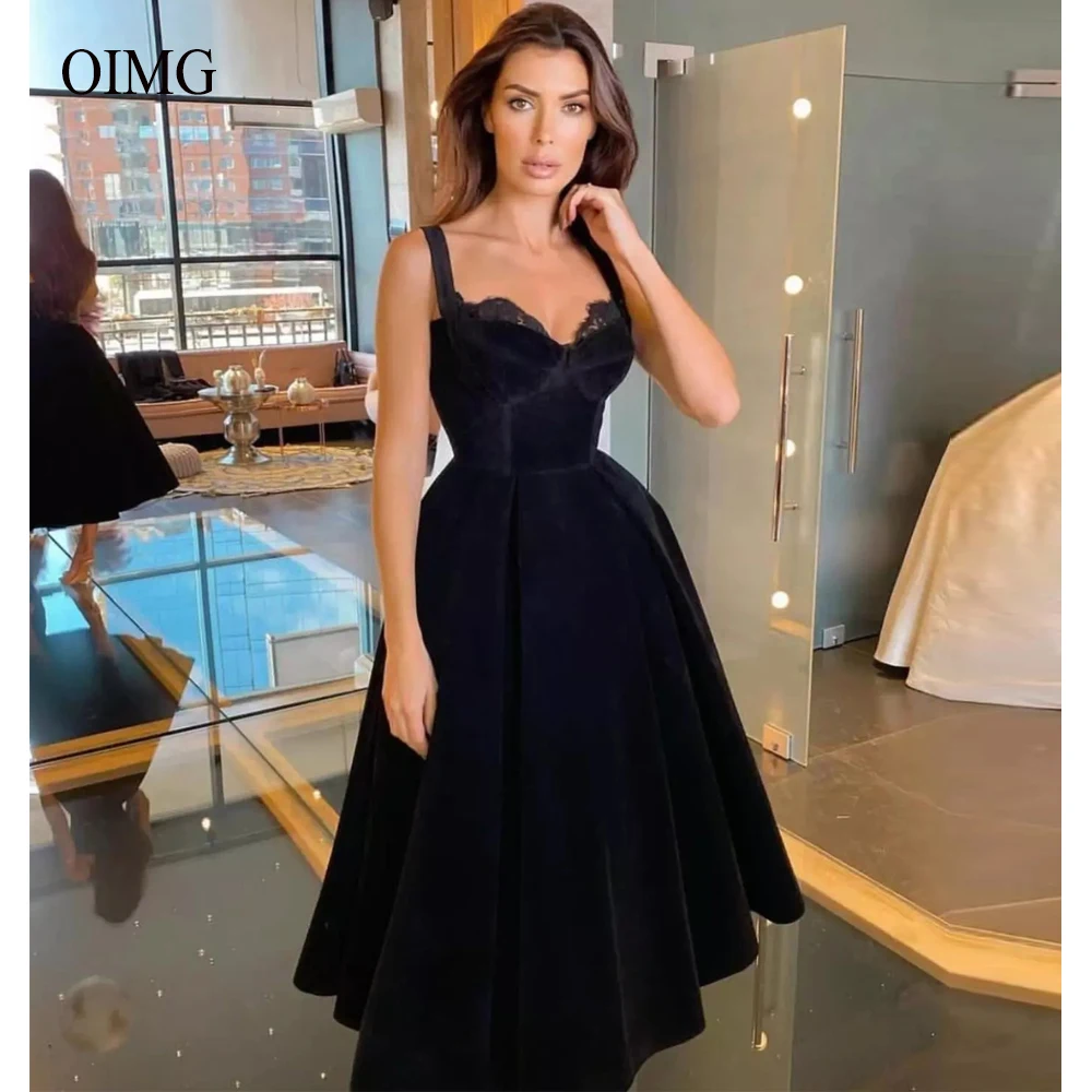 

Simple Black A Line Velvet Prom Party Dresses Straps Lace Sweetheart Neck Tea Length Women Evening Occasion Gowns Outfit