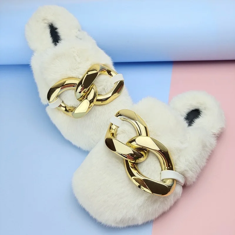 

Fur Shoes Woman Shoes Autumn Winter Metal Chain Buckle Square Toe Flat Shoes Outdoor Soft Cotton Slides Women's Slippers Fashion