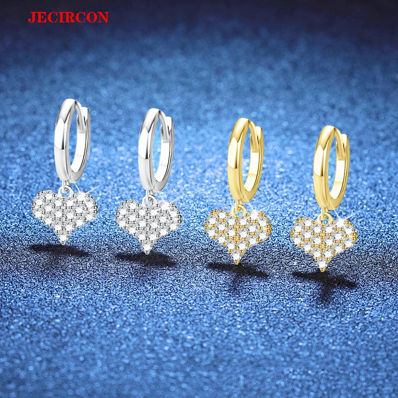 

JECIRCON 100% S925 Sterling Silver Heart Earrings 1.5mm Full Moissanite Dainty Gold/Silver Drop Earrings for Women Perfect Gifts