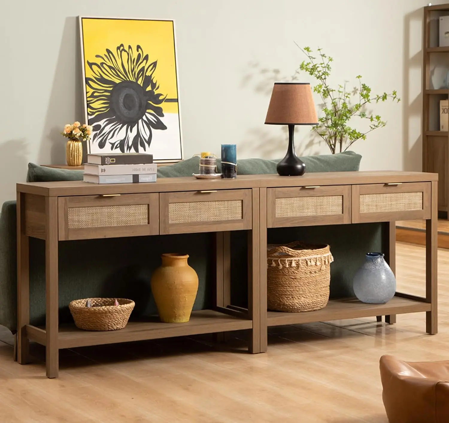 

Console Table Set of 2 - Boho Entryway Table with Rattan Drawers, Rattan Console Table with 2 Tier Shelf, Narrow Long So