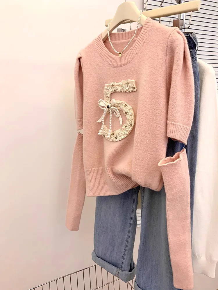 Women French Round Neck Red Pearl Bead Decor Sweater Short Sleeves With Sleeves Bubble Sleeves Knitwear Top Autumn Winter New