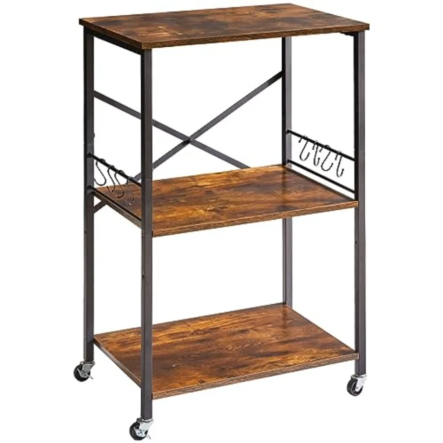 Kitchen Shelf Cart 3-Tier Microwave Oven Stand Baker's Rack with Metal Frame and 8 Hooks Industrial Printer Stand Utility Stand