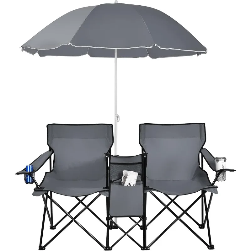 

Double camping chair with umbrella, folding chair with awning, portable beach chair, outdoor picnic terrace (grey)