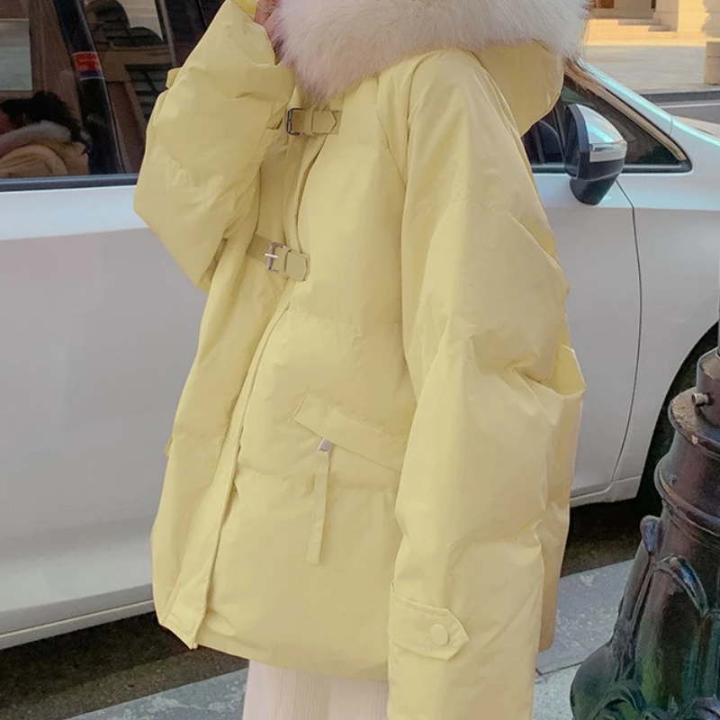 

Пуховая одежда с хлопковой подкладкой, женская средняя и длинная одежда, новинка 2025, маленький утолщенный большой меховой воротник
