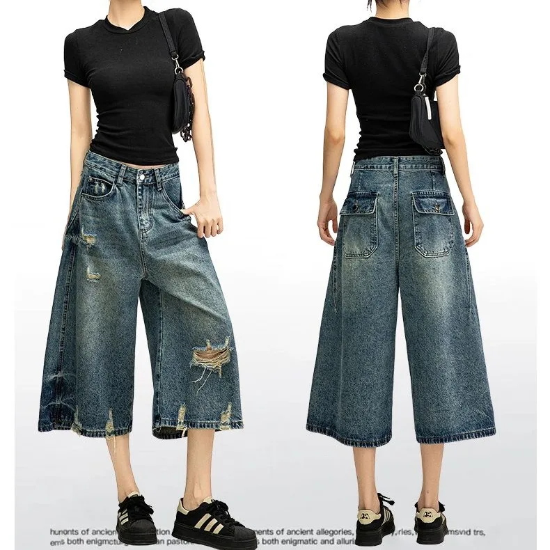 Retro Blue Faded Hole Wide Leg Denim Jeans Women's Summer 2026 New Small Design High Waist Slimming Five-Quarter Pants