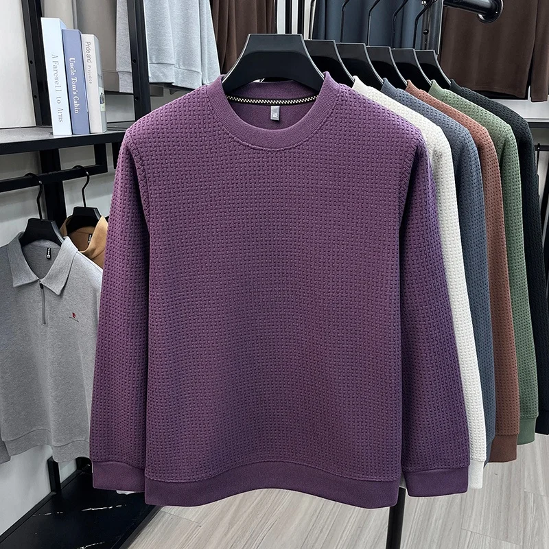 Herren-Sweatshirt mit Rundhalsausschnitt, Waffelstruktur, langen Ärmeln, einfarbig, lockerer Schnitt, lässig, für den täglichen Gebrauch, ein Basic-Oberteil für Herbst und Winter. – Detail 13
