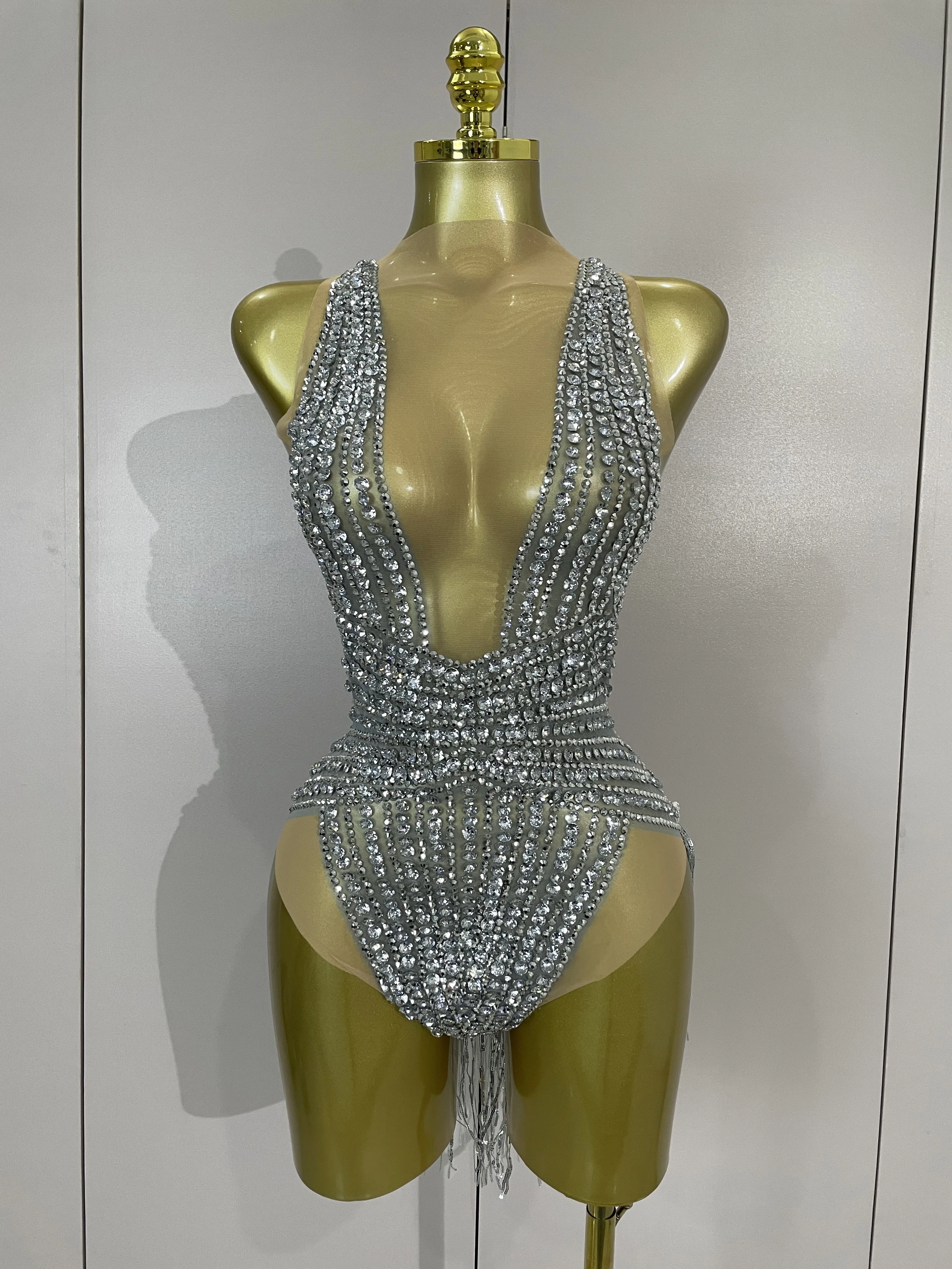 Body de malla transparente con borlas y diamantes plateados brillantes de lujo para fiesta de cumpleaños, baile latino, bar, discoteca, disfraz sexy para escenario