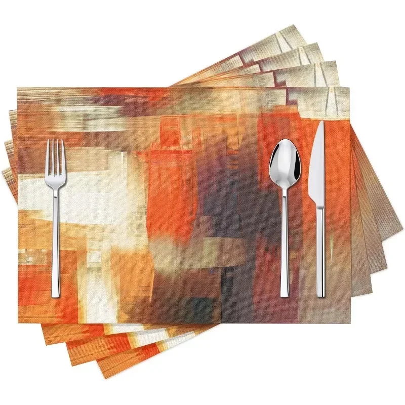 4Pcs Modern Art Placemats Orange Abstract Paint Place Mats Washable Linen Placemat Kitchen Dining Table Home Party Decor