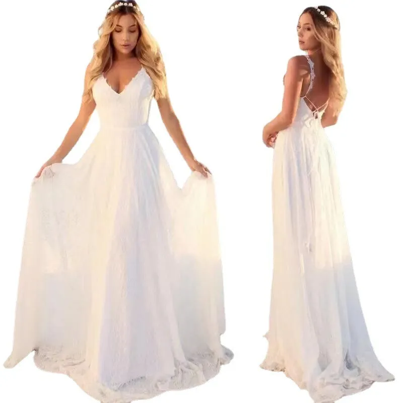 Customized Lace Wedding Dresses Spaghetti Straps V-neck Wedding Gowns Sweep Train Spring Bridal Dresses Mariage Vestido De Novia