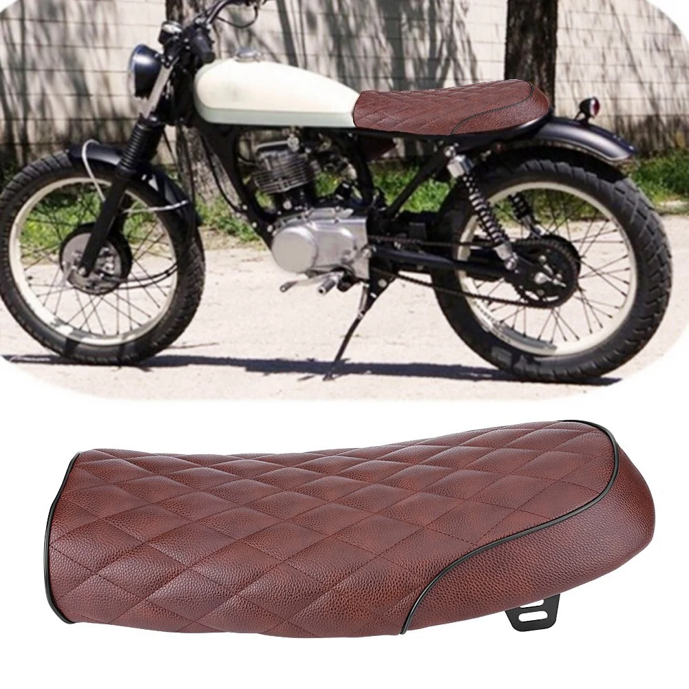 Motorcycle PU Leather Vintage Cafe Racer Seat Flat Saddle Cushion For Honda CG125 GN CG Brown