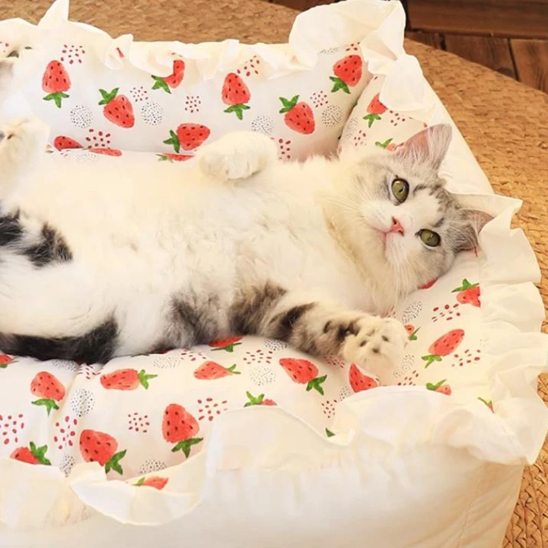 Pet Dog Lace Bed Cat Bed Cute Puppy Square Sleeping Cushion Bed Cat Sofa Warming Dog Nest with Pillow Washable Pet Bed S~L