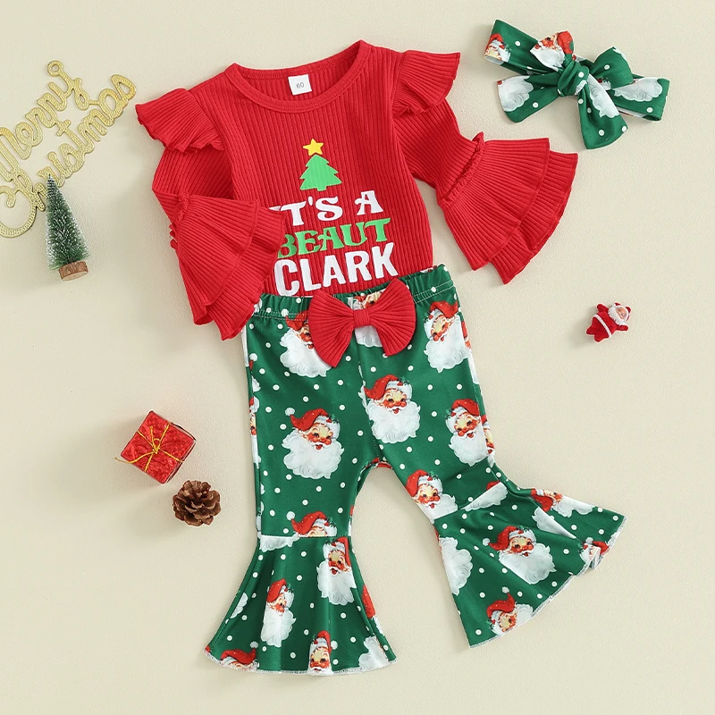 

Infant Baby Girl Christmas Clothes Letter Print Ribbed Romper Santa Claus Print Flared Pant Headband