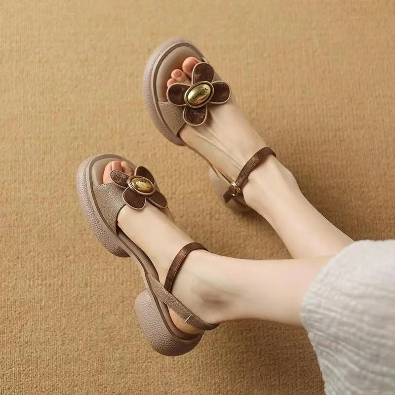 Mid Heel Square Heel Modern Sandals Buckle Strap Classics 2024 High Quality Shoes Female Solid Flower Women\'s Sandals Sandálias