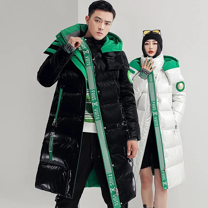 New Winter Couples Wear Wash Free Bright Down Cotton Jacket Men Women With Long Padded Coat Oversized Hooded Parker Overcoat 3XL