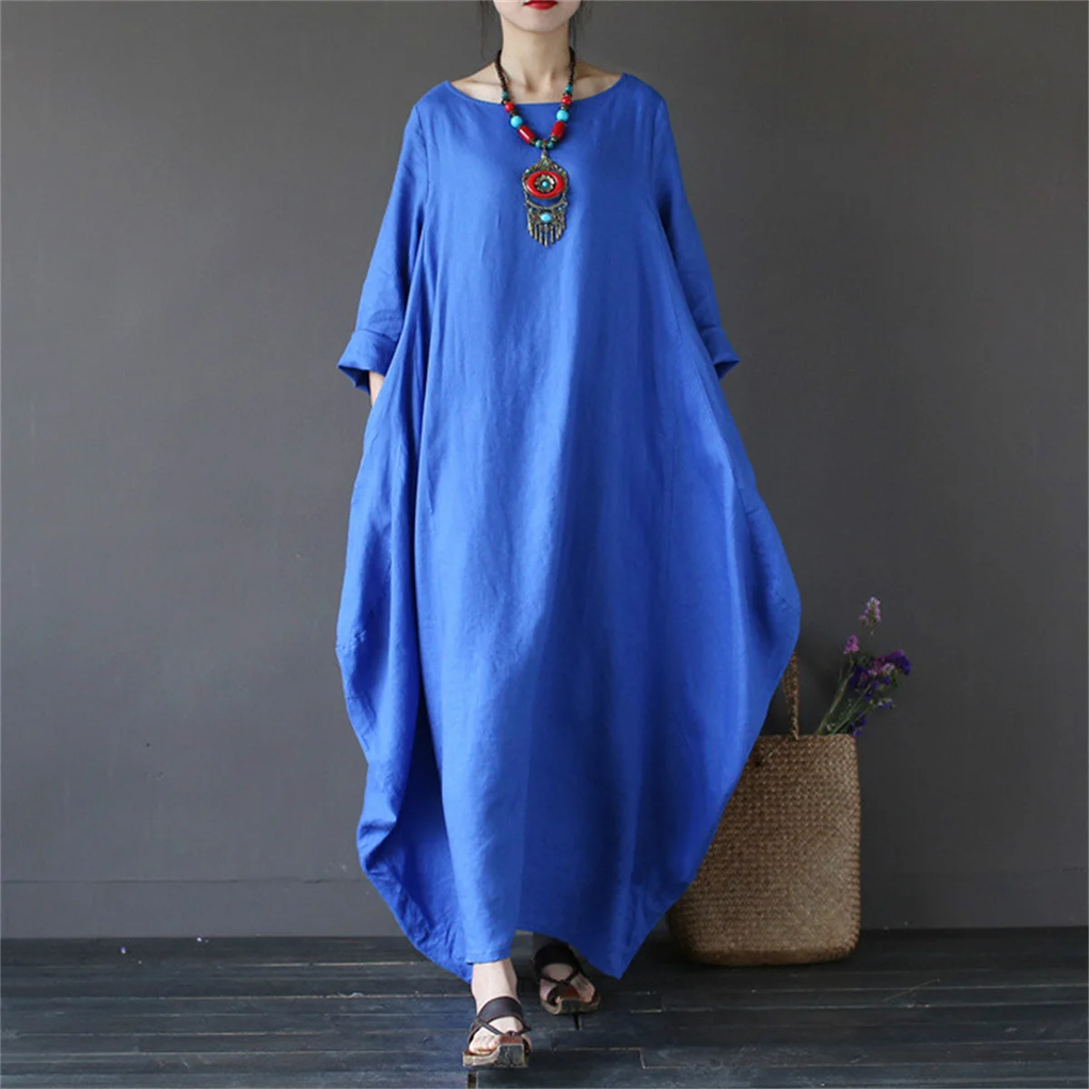 Women O-neck Loose Dresses Solid Color Seven Point Sleeve Casual Vestodis A-line Plus Size Elegant Fashion Commute Maxi Robe