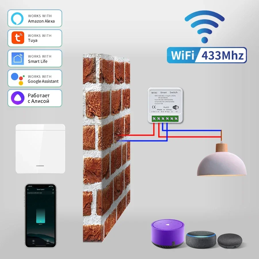 Tuya WiFi Smart Switch 433Mhz Wireless 1/2/3 Gang 86 Wall Panel Switch Relay Receiver APP Control Works with Alexa Google Home