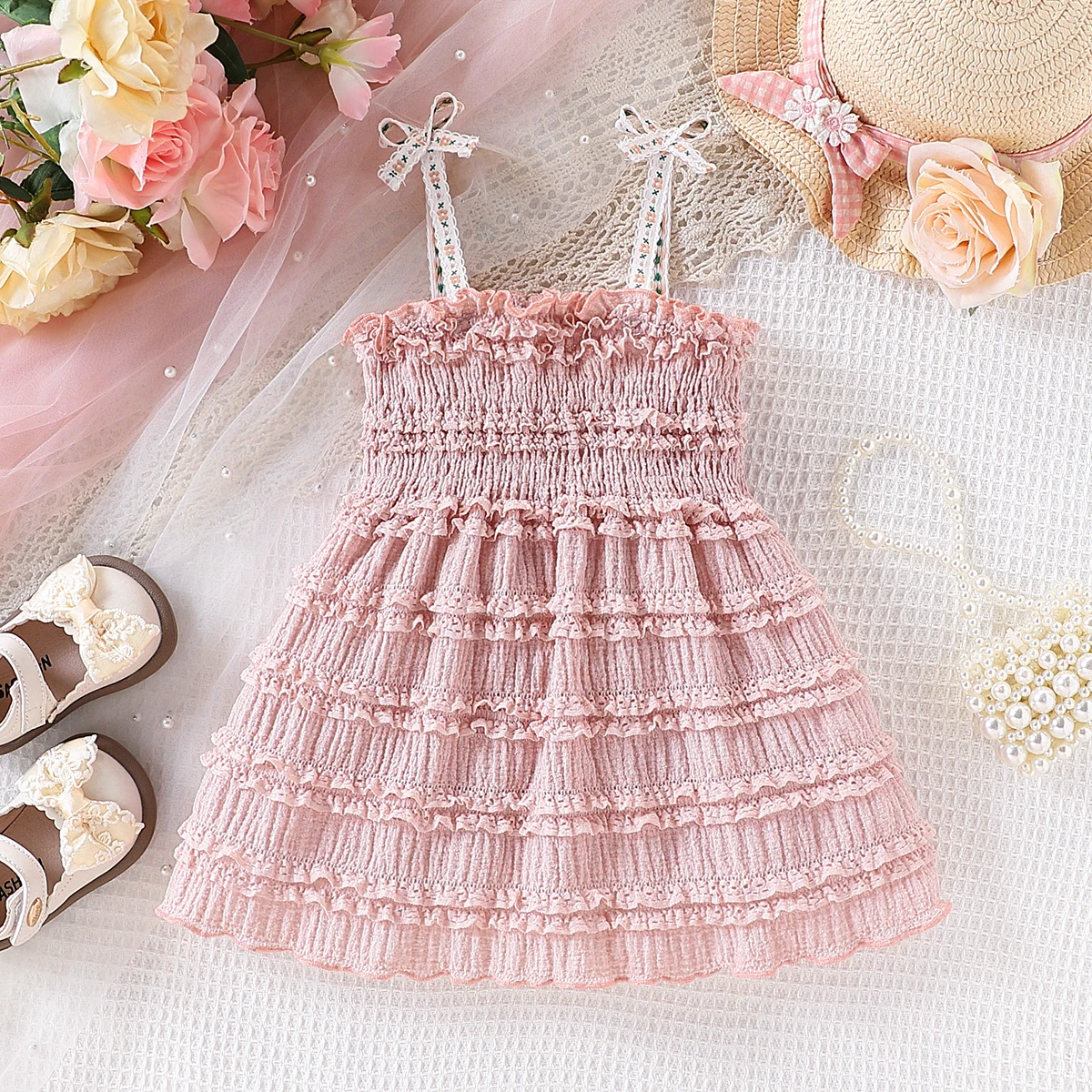 Single piece baby girl's cool and cute texture fabric with embroidered ribbon bow tie strap dress, summer.