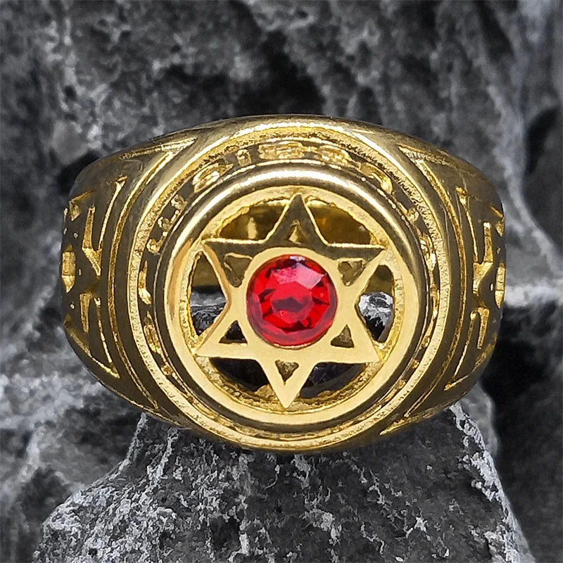 Judaism Hexagram Israel Star of David Red Crystal Ring for Men Stainless Steel Jewish Punk Hip Hop Male Biker Jewelry Gifts R587