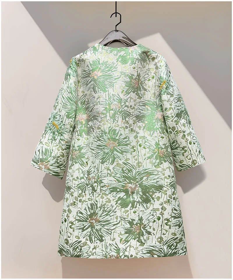 French Fashion Socialite Embroidered Beaded Sequin Round Neck Long Sleeve Single-Breasted Loose Long Trench Coats Jackets Women