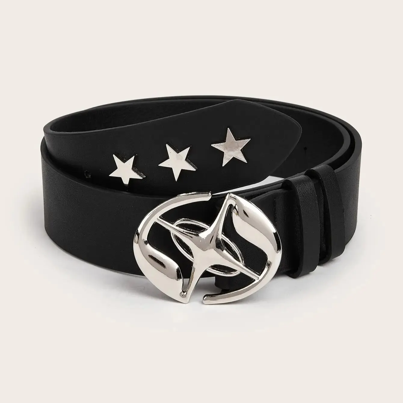 Women Y2k Star Rivet Decor Oval Hollow Out Buckle Belt Black Casual PU Belt Punk Jean Pants Belt Decorative Skirt Belt For Women